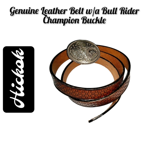 Hickok ~Genuine Leather Basket Weave Belt with a Bull Rider Champion - Picture 3 of 5